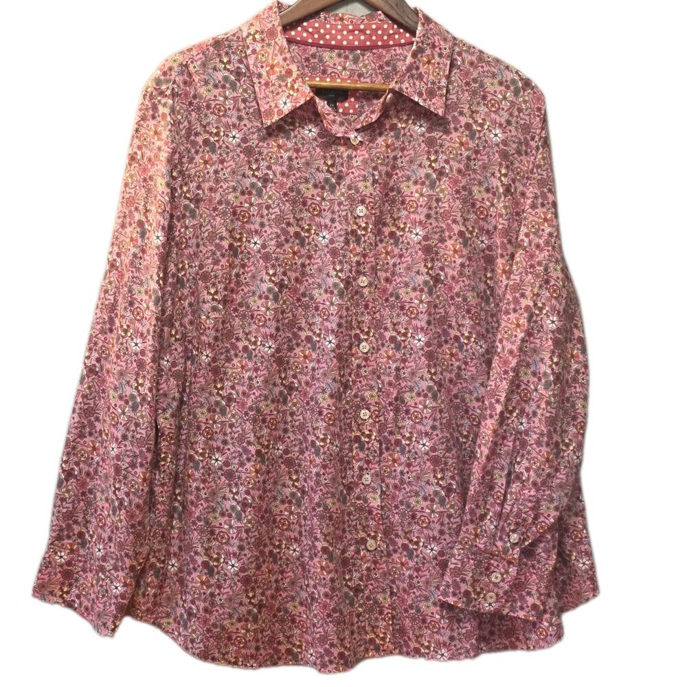 Talbots 2X Pink Floral Button Up Blouse Cotton Cute Trim Detail 🌸